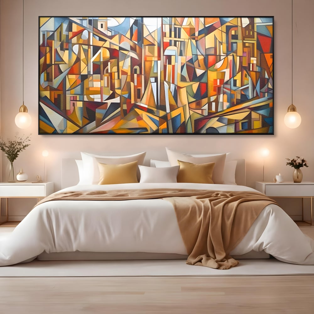 Tablou canvas cu tablou abstract cu peisaj urban, in rama de aluminiu negru, pe perete intr-un dormitor